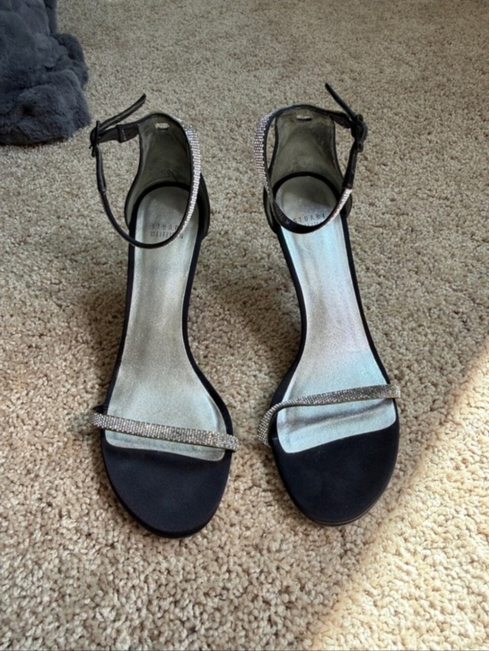 Stuart Weitzman Black Satin Rhinestone Strap Ankle-Heels